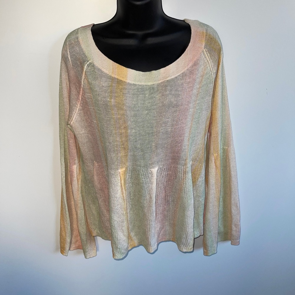Anthropologie Multicolor Striped Knit Bell Sleeve‎ Peplum Sweater Size Medium